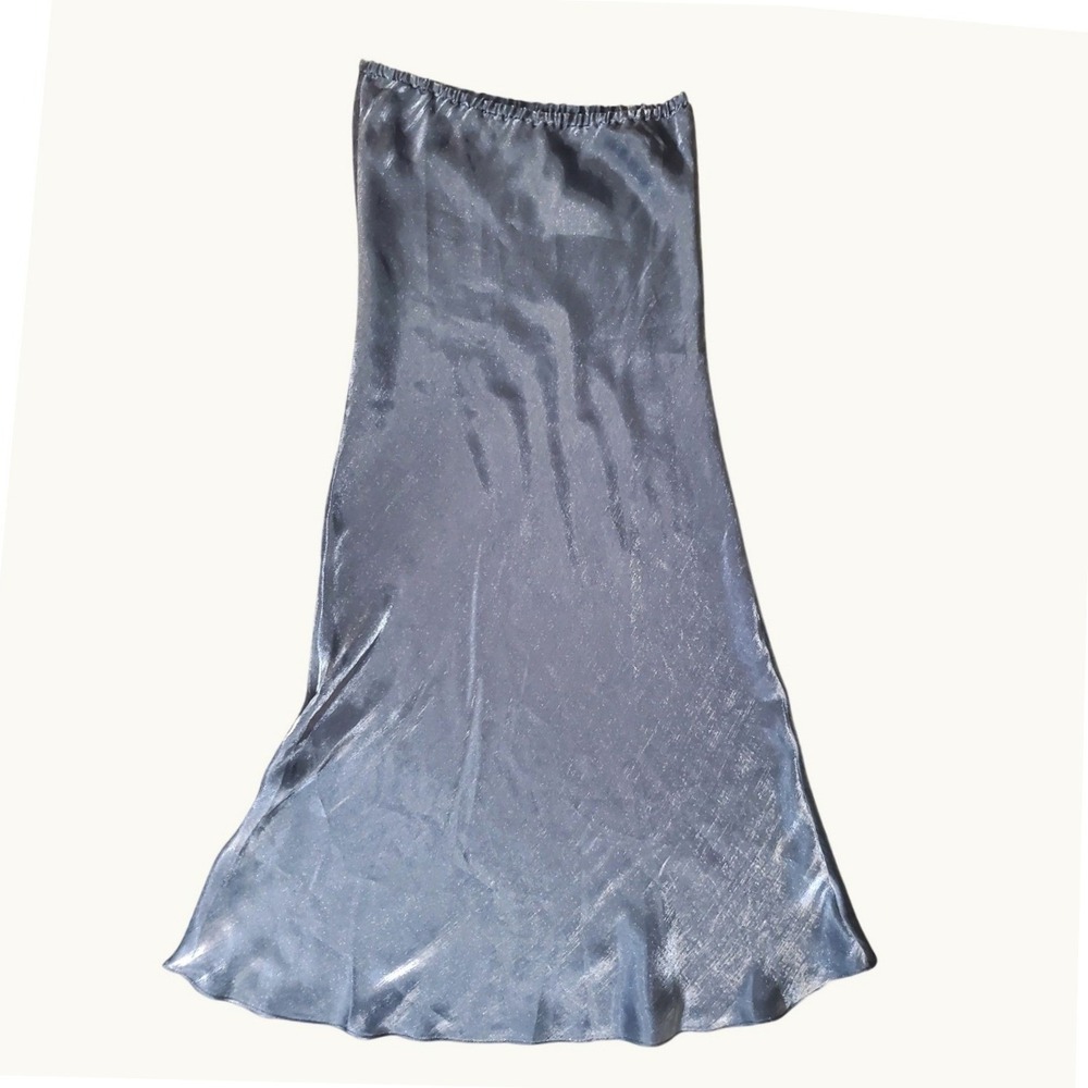 Max Studio London Silver Metallic Shimmer Midi Slip Skirt Womens Medium 4709V18